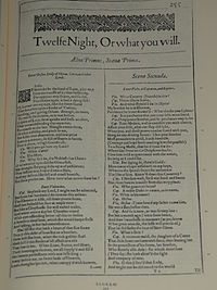 Faksimil av första sidan i Twelfth Night, Or what you will från First Folio, publicerad 1623