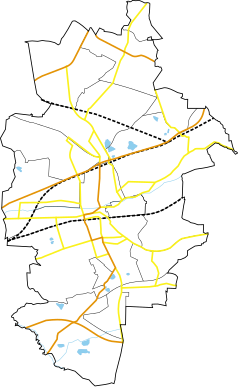 Mapa konturowa Zabrza, blisko centrum na dole znajduje się punkt z opisem „DB Cargo Polska S.A.”