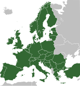 Map of Europe, with Interrail countries in green