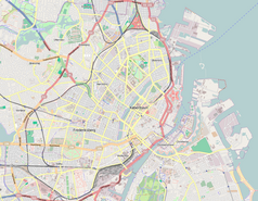 Mapa konturowa Kopenhagi, na dole nieco na prawo znajduje się punkt z opisem „Copenhagen Malmö Port AB”