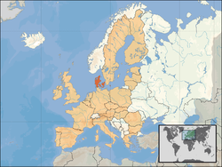 Location of Denmark (orange) – in Europe (tan & white) – in the European Union (tan)  [Legend]