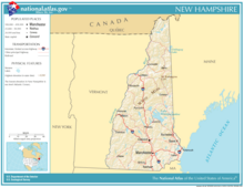 Mapa sa New Hampshire, nga adunay mga dalan, sapa ug dagkong mga lungsod