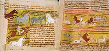 Pages d'un manuscrit ancien, rempli d'écritures. Plusieurs peintures de chevaux sont représentées, y compris des chevaux en liberté et interagissant avec les humains.