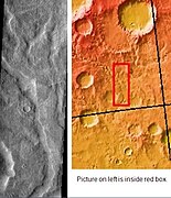 The Tader Valles, as seen by THEMIS. Smooth material in channels may be a mantle in the form of dirty snow.