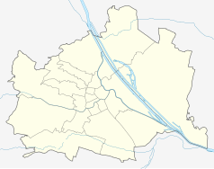 Mapa konturowa Wiednia, blisko centrum po lewej na dole znajduje się punkt z opisem „Wien Westbahnhof”