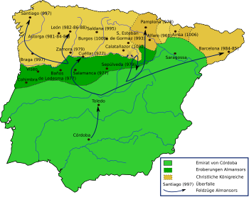 Almansors Feldzüge und „Razzien“ auf christliches Territorium, grün: Kalifat von Córdoba, dunkelgrün: Eroberungen von Almansor, beige: christliche Königreiche