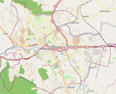 Mapa konturowa Przemyśla, blisko centrum na lewo znajduje się punkt z opisem „Pomnik Orląt Przemyskichw Przemyślu”