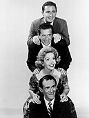 TV game show Keep Talking (1959) with host Griffin, Morey Amsterdam, Jayne Meadows and Danny Dayton.