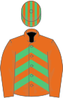 Orange and emerald green chevrons, orange sleeves, striped cap