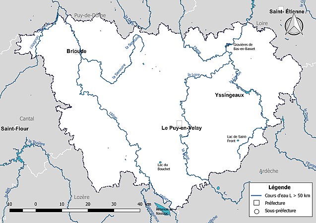 Carte des cours d'eau de longueur supérieure à 50 km de la Haute-Loire.