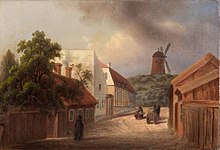 Det numera bortsprängda partiet med Kammeckers kvarn i fonden av nuvarande Nybrogatan, kring 1850.