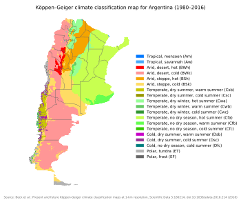 Map showing the different climate zones found within Argentina based on the Köppen climate classification