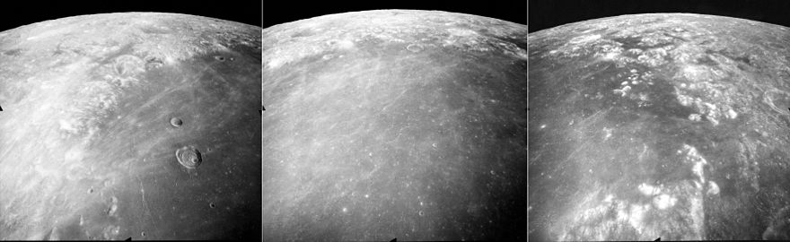 These are three views of northern Mare Crisium on the Moon, taken by the mapping camera of the Apollo 17 mission in 1972, facing north-northeast from an average altitude of 118 km on Revolution 27 of the mission. At the right is the east margin of Mare Crisium, with the north tip of Promontorium Agarum visible in the foreground, and Mare Anguis near the central horizon. The crater Eimmart is visible in both the right and central photos as a bright patch (near the top in each). The center photo shows an obvious lack of large craters in the mare indicating a relatively young age of the basalt, and the crater Eimmart C is visible as a ring at the edge of the mare near the top center. The left photo shows the western margin of the mare, with the crater Peirce (larger) and Swift (smaller) in the mare, and the large crater Cleomedes near the central horizon. The rays of the crater Proclus (further to the west, not shown) are prominent in the mare. These photos were taken within minutes of each other. The sun elevation drops from 60 degrees at right to 46 degrees at left as the Command Module America orbited the Moon.