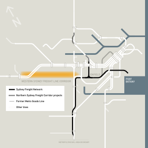 New South Wales Metropolitan Rail Area with Sydney Freight network highlighted in black.