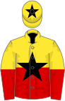 Yellow and red (halved horizontally), black star, yellow cap, black star