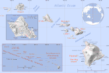 Map showing the Hawaaiian Islands with inset close ups of some areas