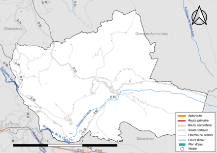 Carte en couleur présentant le réseau hydrographique de la commune