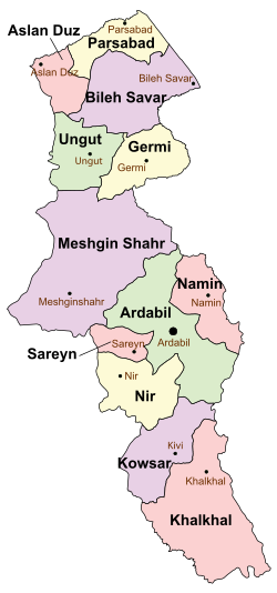 Location of Ungut County in Ardabil province (top, green)