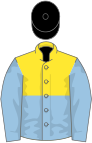 Yellow and light blue halved horizontally, light blue sleeves, black cap