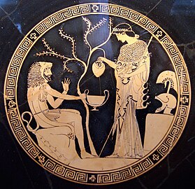 Athéna et Héraclès, médaillon d'un kylix attique à figures rouges, 480-470 av. J.-C., Vulci. Collections d'Antiquités de l'État bavarois.