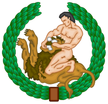 Emblem of the CNT, featuring Hercules wrestling the Nemean Lion within a laurel wreath