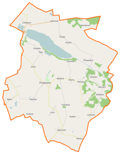 Mapa konturowa gminy Przelewice, po lewej znajduje się punkt z opisem „Myśliborki”