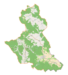 Mapa konturowa gminy Krynica-Zdrój, na dole nieco na prawo znajduje się punkt z opisem „Tylicz”