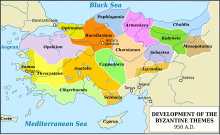 A map centred on Turkey. From west to east and north to south with the corresponding colors in brackets; are the themes of Opsikion (light purple), Samos (dark grey), Thracesians (light grey), Cibyrrhaeots (light green), Optimatoi (dark grey), Anatolic and Seleucia (brown), Bucellarians (orange), Paphlagonia (navy blue), Cappadocia (green), Charsianon (pink), Armeniacs (purple), Lycandus and Mesopotamia (brown), Sebastea (blue), Koloneia (dark green) and Chaldia (light blue). On the map are marked the major rivers; the Aegean, Black and Mediterranean Seas; the cities of Ephesos, Constantinople, Ancyra, Tarsus, Adana, Antioch and Edessa; and the islands of Crete and Cyprus.