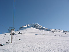 Timberline Lodge Ski Area, showing the Magic Mile and Palmer chairlifts with Silcox Hut at right center