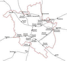 Mapa konturowa Poznania, blisko centrum na prawo u góry znajduje się punkt z opisem „Poznań Karolin”