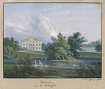 Neues und altes Schloss Biederstein um 1830, Aquatinta