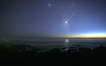 A photograph of the night sky taken from the seashore. A glimmer of sunlight is on the horizon. There are many stars visible. Venus is at the centre, much brighter than any of the stars, and its light can be seen reflected in the ocean.