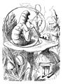 Image 9 Caterpillar, Alice's Adventures in Wonderland Artist: Sir John Tenniel Sir John Tenniel's illustration of the Caterpillar for Lewis Carroll's classic children's book, Alice's Adventures in Wonderland. The illustration is noted for its ambiguous central figure, which can be viewed as having either a human male's face with pointed nose and protruding lower lip or as the head end of an actual caterpillar, with the right three "true" legs visible. The small symbol in the lower left is composed of Tenniel's initials, which was how he signed most of his work for the book. The partially obscured word in the lower left-center is the last name of Edward Dalziel, the engraver of the piece. More featured pictures