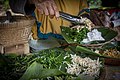 Potret penjual pecel sedang menyajikan pecel bersama nasi (disebut: nasi pecel/sêga pêcêl) di atas daun pisang.