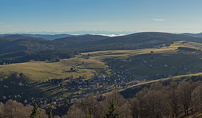 Blick vom Eugen-Keidel-Turm auf Hofsgrund; im Hintergrund die Schweizer Alpen