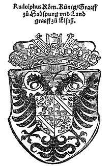 Gravure de 1548 du blason de Ropdolfe de Habsburg en noir et blanc.