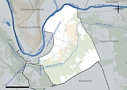 Carte en couleur présentant le réseau hydrographique de la commune