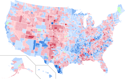 Results by county, shaded according to winning candidate's percentage of the vote