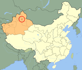 Wujiaqus läge i Xinjiang, Kina.