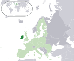 Location of Republic of Ireland (dark green) – in Europe (light green & dark grey) – in the European Union (light green)  –  [Legend]