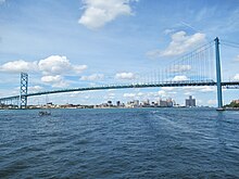 The Ambassador Bridge is located approximately 2 miles (3 kilometers) downriver from downtown Detroit.