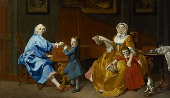 Burkat Shudi ritratto con la sua famiglia mentre accorda un clavicembalo: dipinto di Marcus Tuscher, 1742 circa. Londra, National Portrait Gallery