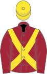 Maroon, yellow cross belts, yellow cap