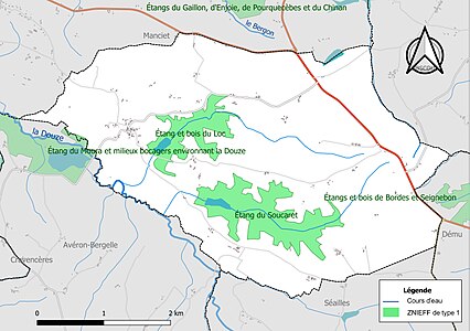 Carte des ZNIEFF de type 1 sur la commune.