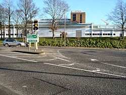 Altnagelvin Junction, which in 2004 saw 12930 vehicles pass through every day.[2] Altnagelvin Area Hospital is in the background.