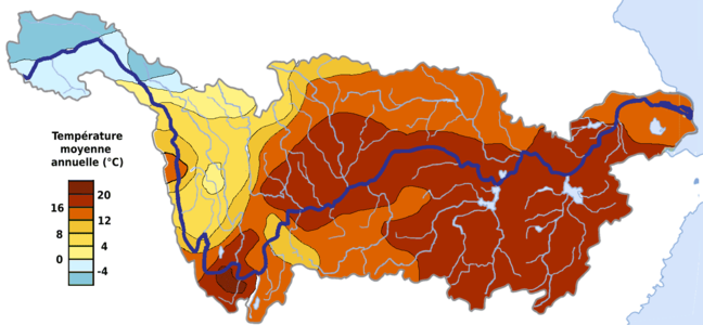 Températures annuelles moyennes sur le bassin versant du Yang-Tsé.