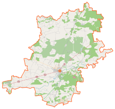 Mapa konturowa powiatu wyszkowskiego, u góry po prawej znajduje się punkt z opisem „Parafia pw. Świętego Rocha w Długosiodle”