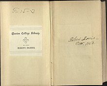 Bookplate that says Boston College Library Ex Dono Roberti Morris, and signature of Robert Morris with the date 1852