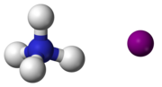 ball-and-stick model of an ammonium cation (left) and an iodide anion (right)