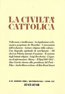 Couverture jaune clair de la Civiltà Cattolica. Le titre de la revue en gros caractères bruns sur deux lignes occupent le bas du premier quart du haut de la page. Au centre les articles du numéro sur 9 lignes et en plus petits caractères noirs centrés. En bas le mois, l'année, la périodicité (Quindicinale : la revue paraît tous les 15 jours), et le nombre d'années de parution (157). Les chiffres du numéro au-dessous en plus gros caractères plus gras.